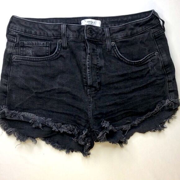 Forever 21 Black Distressed High-Waisted Button Fly Raw Hem Shorts, Size (28) - Picture 1 of 5